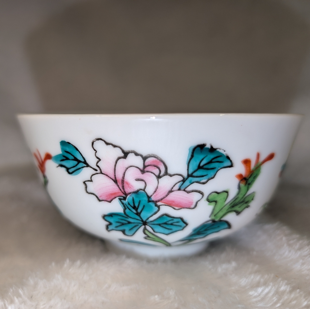 Porcelain Floral Decorative Bowl in Pink and Teal